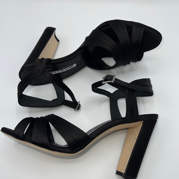 NWB MANOLO BLAHNIK BLACK SATIN GAZO SANDSLS SIZE 37.5 - Picture 11 of 15